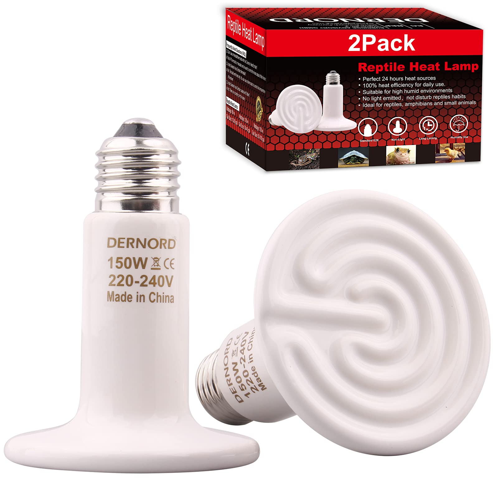 DERNORD Ceramic Heat Emitter 150W - 2 Pack E27 Vivarium Ceramic Heat Lamp Light Bulb for Reptile Bearded Dragon Lizard Snake Outside Tortoise Brooder White