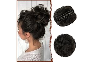 SOFEIYAN Claw Clip Messy Bun Hair Piece Wavy Curly Hair Bun Clip in Claw Chignon Ponytail Hairpieces Synthetic Tousled Updo Hair Extensions Scrunchie Hairpiece for Women, Darkest Brown Tend to Black