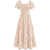 PRETTYGARDEN Women's 2026 Summer Boho Maxi Dresses Floral Short Sleeve Square Neck Smocked Flowy Long Dress Vacation Outfits