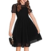 Arshiner Girls Dress Contrast Mesh Puffy Short Sleeve A Line Casual Party Dress 3-12 Years
