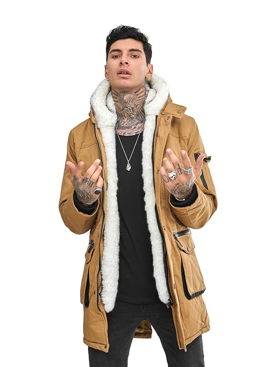 EightyFive EF1830 Herren Parka Winterjacke Kunstfell Schwarz Khaki Grau XS-XL