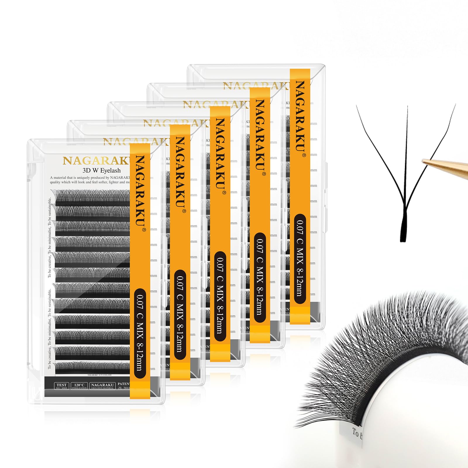 NAGARAKU 3D W Shape Eyelash Extension 5 Trays in 1 Pack Volume Premade Fans Pestañas Faux Mink Matte Black Cluster Easy Fanning False Lashes for Professional Beauty Salon (0.07 C Curl 8-12mm Mix) Image