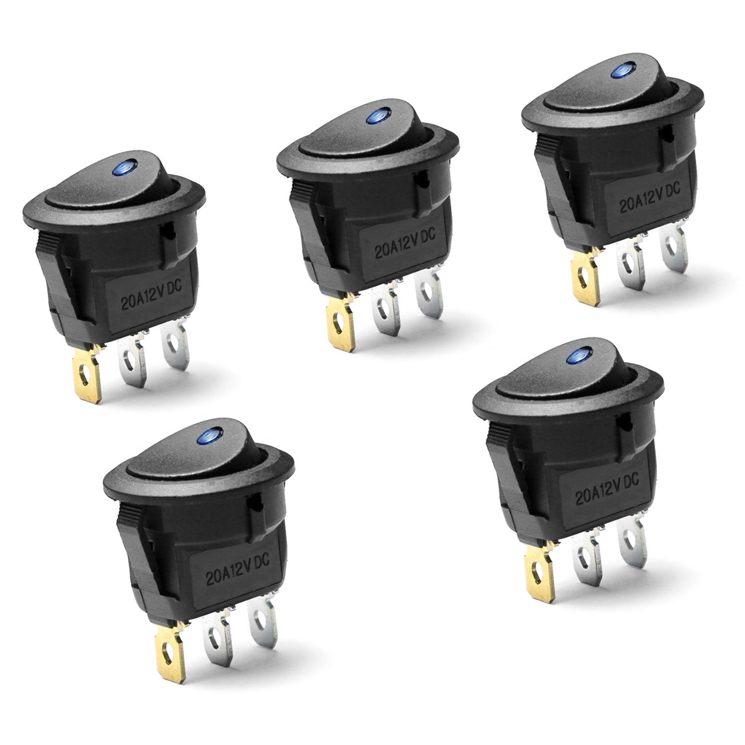 Switian Blue LED Rocker Switch ON-OFF SPST (5 Pack) - 12V 20A DC, Round, Nylon Frame, Silver Terminals