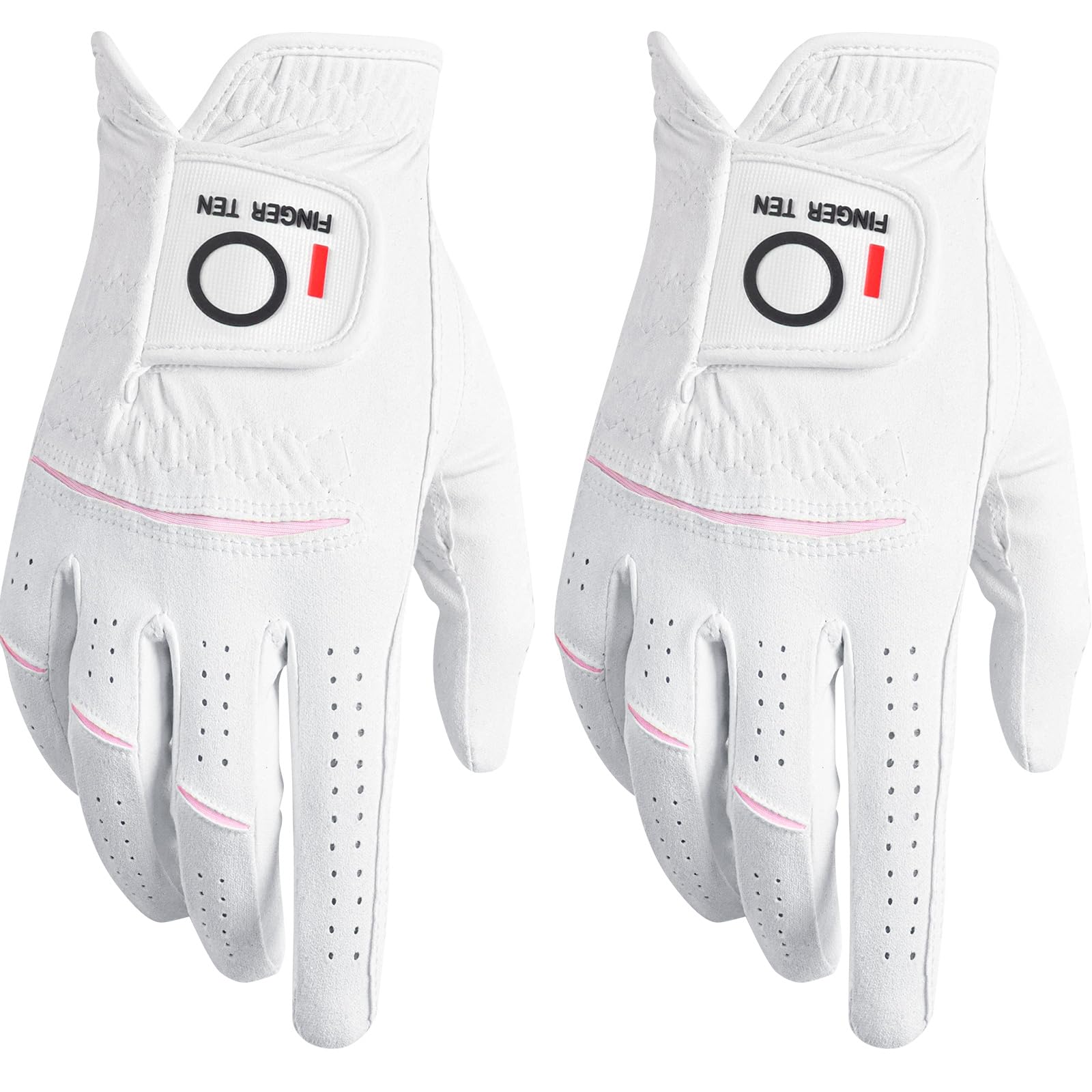 FINGER TEN Golf Gloves Ladies Right Hand All Weather Soft Rain Grip in Pair or 2 Pack, Women Golf Glove Flexible Wear Resistance for Perfect Swing (White,S(Worn on Right Hand))