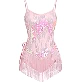 ODASDO Women Sparkly Sequin Tassel Fringe Bodysuit Cami Strap Latin Dance Leotard Jumpsuit One-piece Festival Rave Outfits
