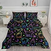 Black Cat Bedding Cartoon Cat Comforter Set Twin,Moon Stars Printed Kids Bedding Set for Boys Girls Adults Room Decor,Kids Comforter Set All Season,1 Quilt 2 Pillow Cases,Neon Color Blue Green