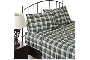 Woolrich Cotton Sheet Set Cottage Charms Print, 100% Cotton Flannel Sheets Warm & Fuzzy Bedding Set Queen Size Sheets, Fitted Pocket Fits Up to 14" Mattress, Queen Green Plaid, 4 Piece