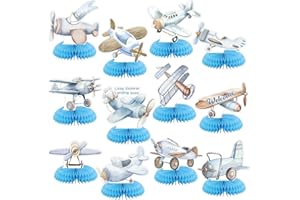 MOINCHORE 12 Pcs Airplane Party Decorations for Baby Shower Blue Honeycomb Centerpieces Airplane Table Decoration Little Explorer Landing Soon Table Topper for Baby Shower Birthday Party Favors Supplies
