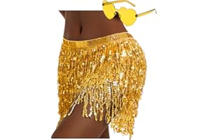 SHENYI Sequin Skirt Fringe Skirt Belly Dance Hip Skirt Rave Party Costume Sparkle Skirt with Heart Sunglasses for Women and Girls