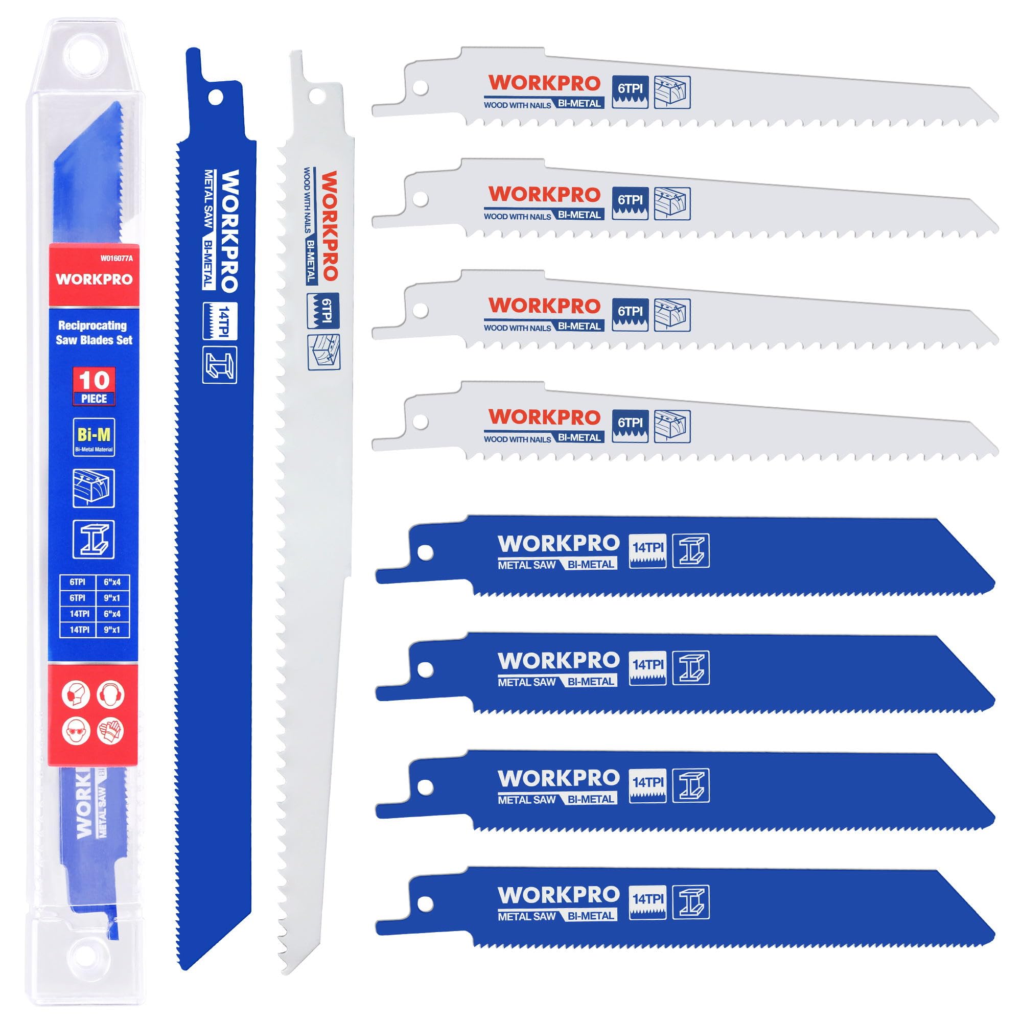 WORKPRO 150 mm/230 mm 10-Piece Reciprocating Saw Blades Set, Sabre Saw Blades for Metal/Wood Cutting, Bi-Metal Saw Blades Set with Plastic Storage Box, Compatible with Most Reciprocating Saw