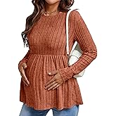 Ekouaer Womens Maternity Tops Long Sleeve Pregnancy Tunic Blouses Crew Neck Ribbed Shirts Pregnant Clothes Caramel