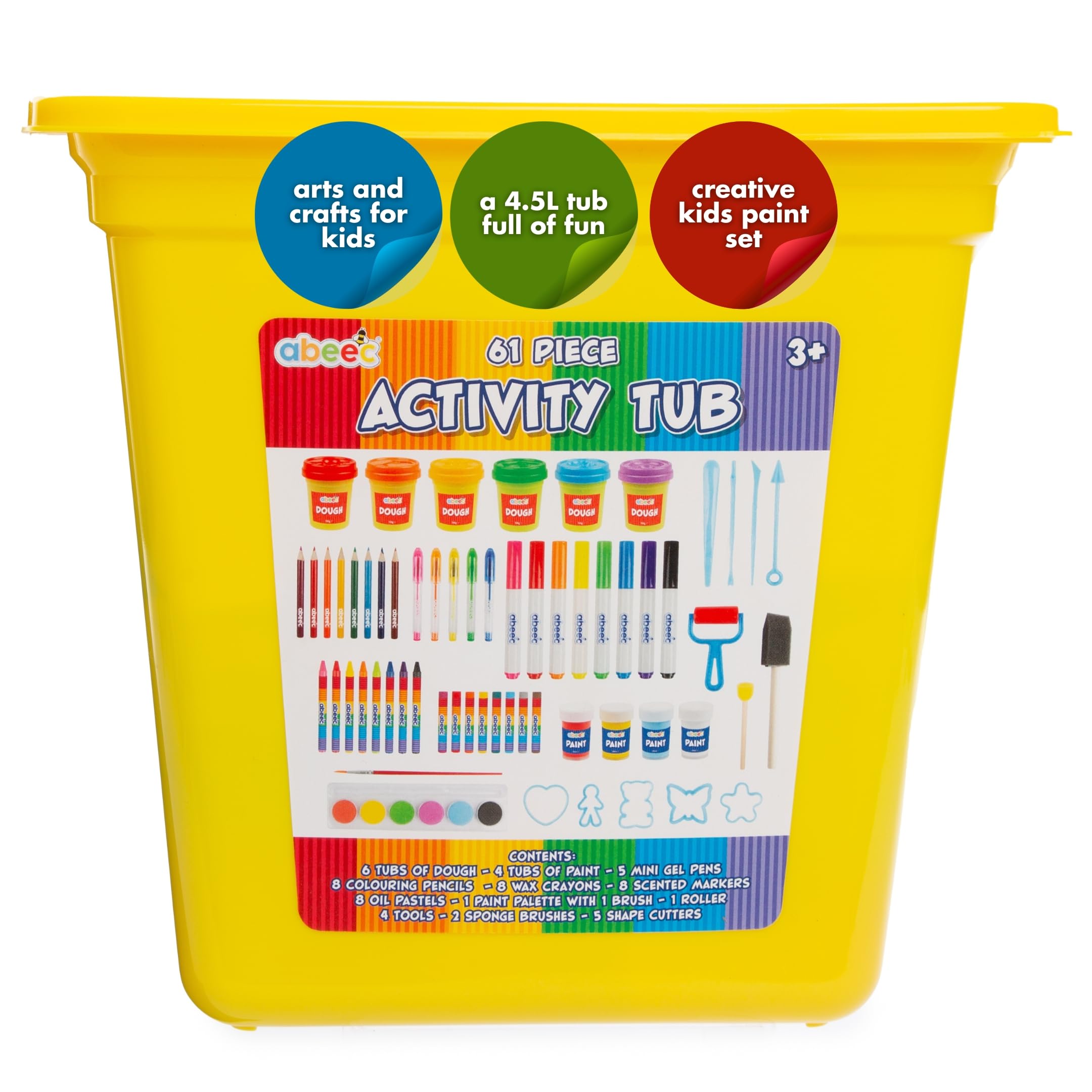 abeec 61 Piece Kids Art Activity Tub with Storage Lid – All-in-One Painting, Drawing & Dough Craft Set for Toddlers Age 3+ – Creative Play at Home or Gifting – CE & UKCA Tested