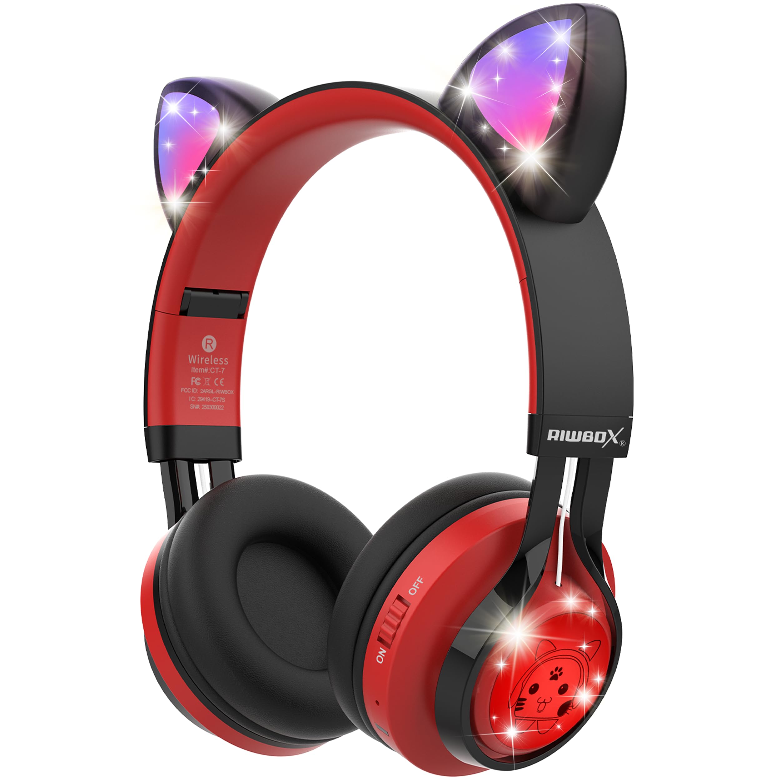 Photo 1 of Riwbox CT-7 Cat Ear Bluetooth Headphones, LED Light Up Bluetooth Wireless Over Ear Headphones with Microphone and Volume Control for Travel/School/Smartphones/Laptop/PC/TV ?Red&Black?