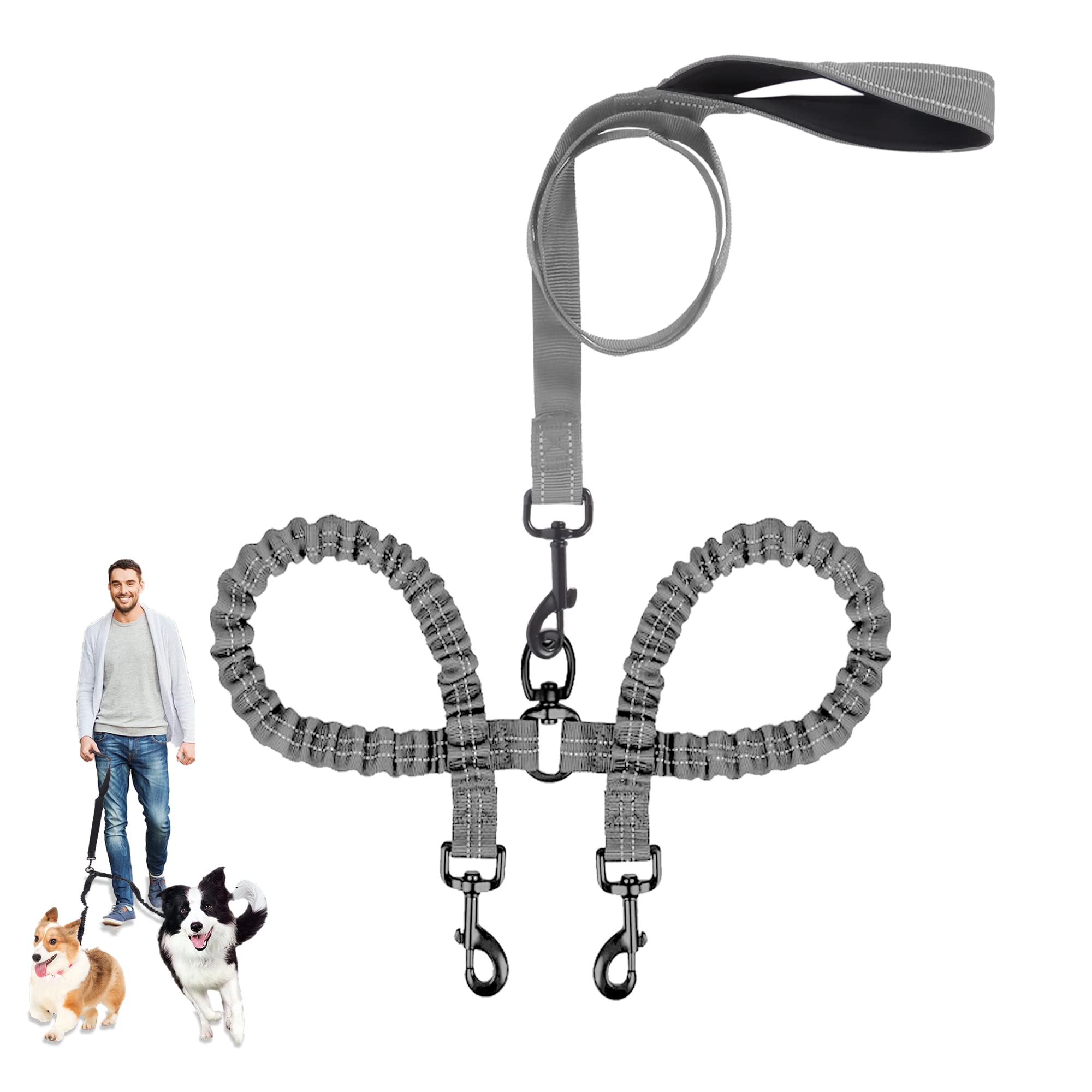 Double Dog Lead for Walking 2 Dogs, Double Dog Lead Splitter, Reflective Dual Dog Leash for Puppy Walks, Dog Leash 360°Swivel Rotation Grey