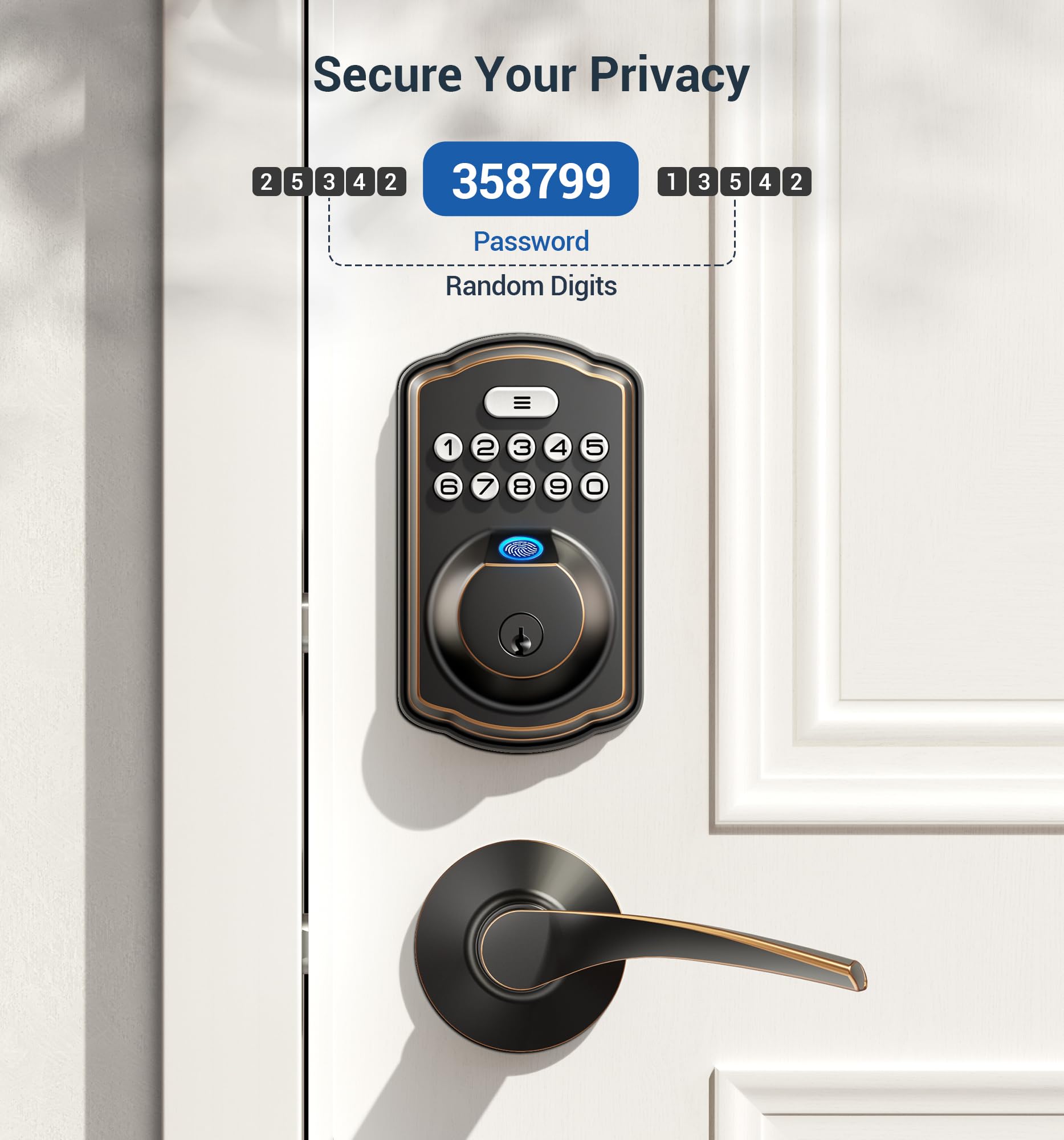 Veise Fingerprint Door Lock with 2 Lever Handles - Keyless Entry Door Lock, Electronic Keypad Deadbolt, Digital Smart Code & Front Handle Sets, Auto-Locking, Easy Installation, Oil Rubbed Bronze