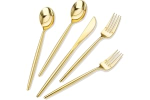 Rubtlamp 180Pcs Gold Plastic Silverware,Luxury Gold Plastic Cutlery,Heavy duty Golden Disposable Flatware, Utensils Set Disposable Include 60Gold Forks,60Gold Spoons,60Plastic Knives for Party,Wedding