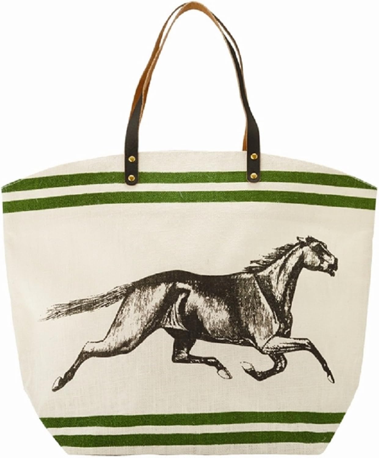 Horse Design Large Jute Bag Tote Shopping Beach with genuine leather