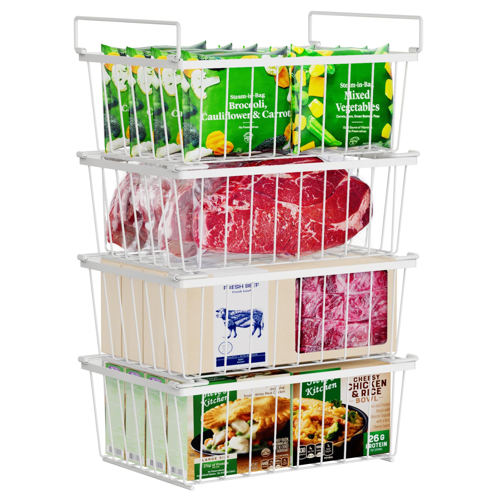 Photo 1 of iSPECLE Freezer Organizer Bins - 4 Pack Stackable Chest Freezer Organizer for 5 Cu Ft Deep Freezer Sort Frozen Food, Deep Freezer Organizer Bins Easy to Get Food from Bottom without Digging, White