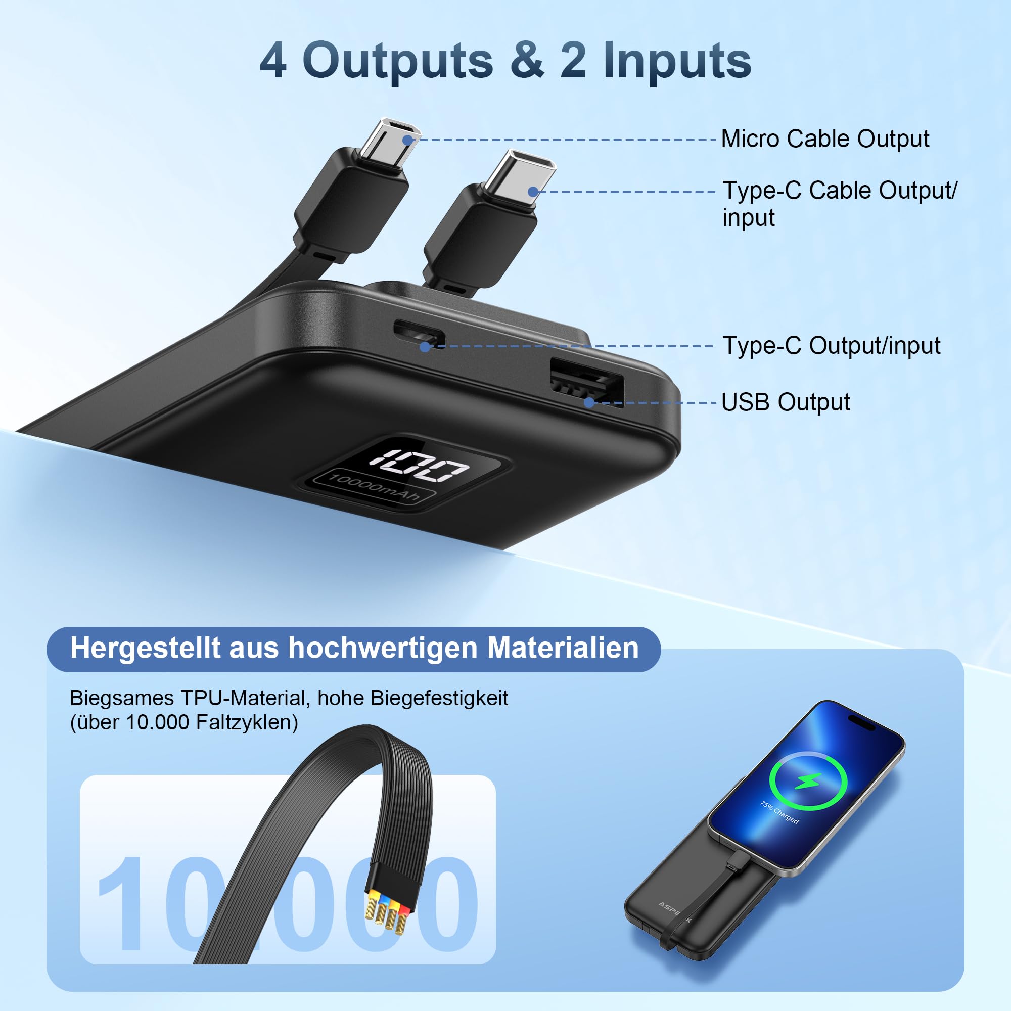 AsperX 2 Stück Powerbank 10000mAh mit USB-C Kabel Schnellladen 4