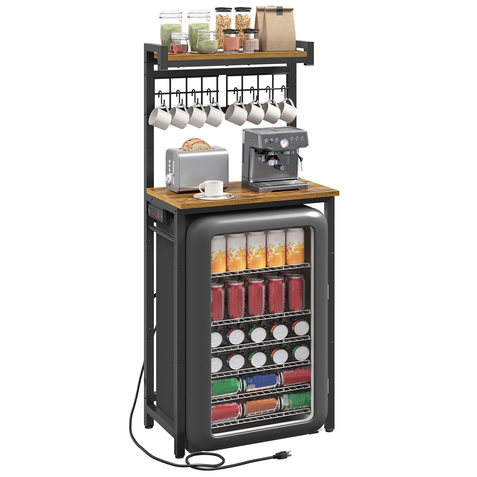 Photo 1 of YATINEY Mini Fridge Stand, Coffee Bar Station with Charging Station, Microwave Stand with Small Refrigerator Storage, 57.5"H Bakers Rack, Kitchen Storage Rack with X-Shaped Brace, Rustic Brown HB07UBR