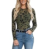 BemorRun Floral Mesh Top for Women Crew Neck Long Sleeve See Through Tee Shirts Fitted Sexy Going Out Tops
