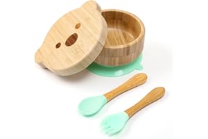 HI BABY MONMENT Baby Bowls with Lid,HBM Bamboo Suction Bowls for Baby and Spoon Set,3PC Feeding Supplies Set for Infant, Toddlers,Detachable Silicone Suction Stay Put Base for Wooden Bowl （Mint）