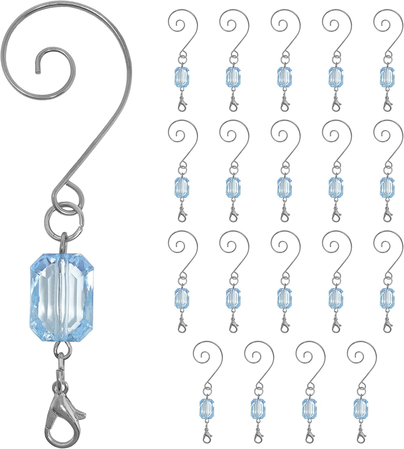 Ornament Hooks - BANBERRY DESIGNS Christmas Ornament Hooks - Light Blue Acrylic Jewel - Silver Wire Ornament Hooks - Pack of 20