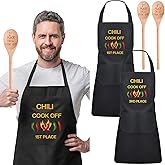 Taiyin 6 Pcs Chili Cook off Prizes Set Funny Chili Cook off Aprons Winner Black Apron Wooden Serving Spoon Contest Mixing Stir Spoon Gifts for Kitchen Husband Wife Men Women