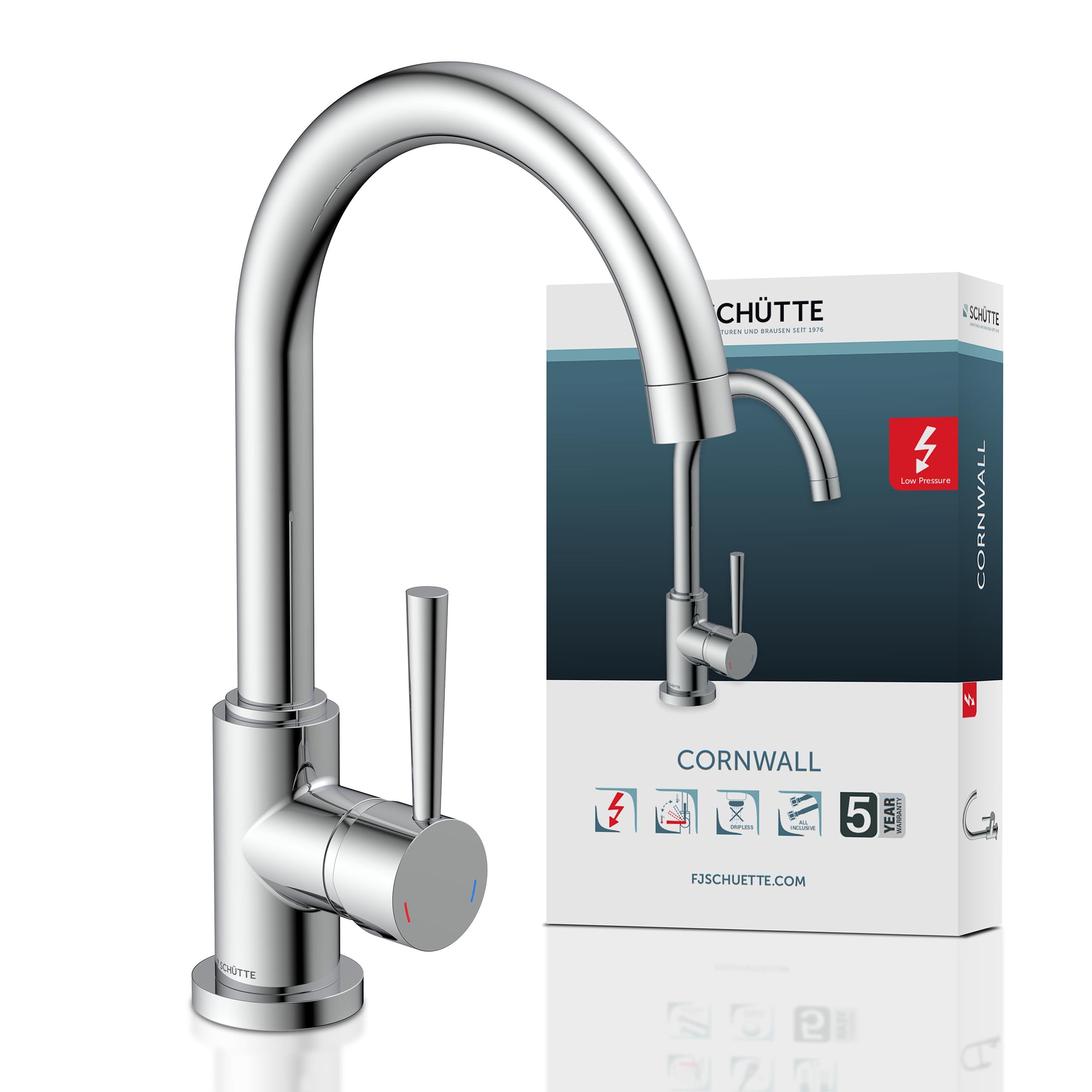 SCHÜTTE 79119 Cornwall Kitchen Tap Low Pressure Sink Mixer Tap with High Spout, Single Lever Mixer, Energy Saving, 360° Swivel, Kitchen Tap, Sink, Chrome