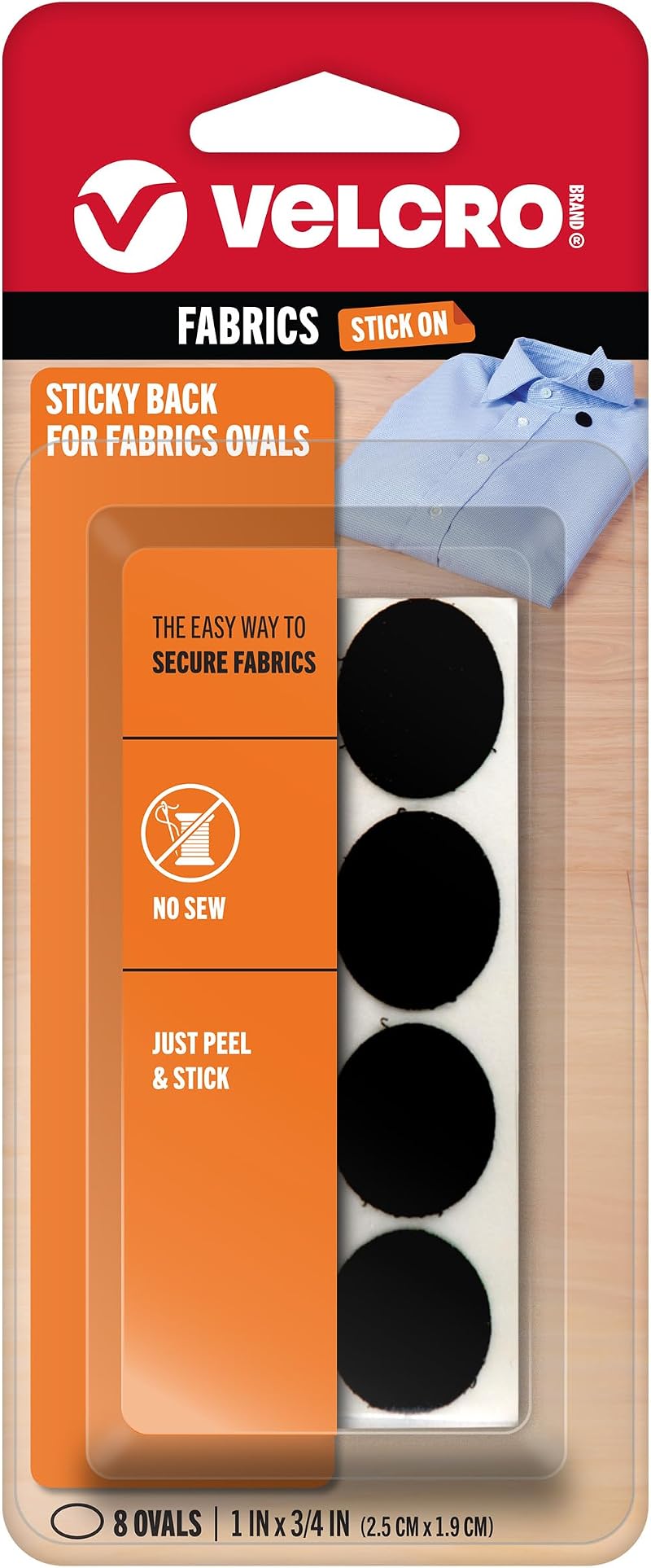 VELCRO Brand Sticky Back for Fabrics Ovals 1x0.75 in Black 8 Sets