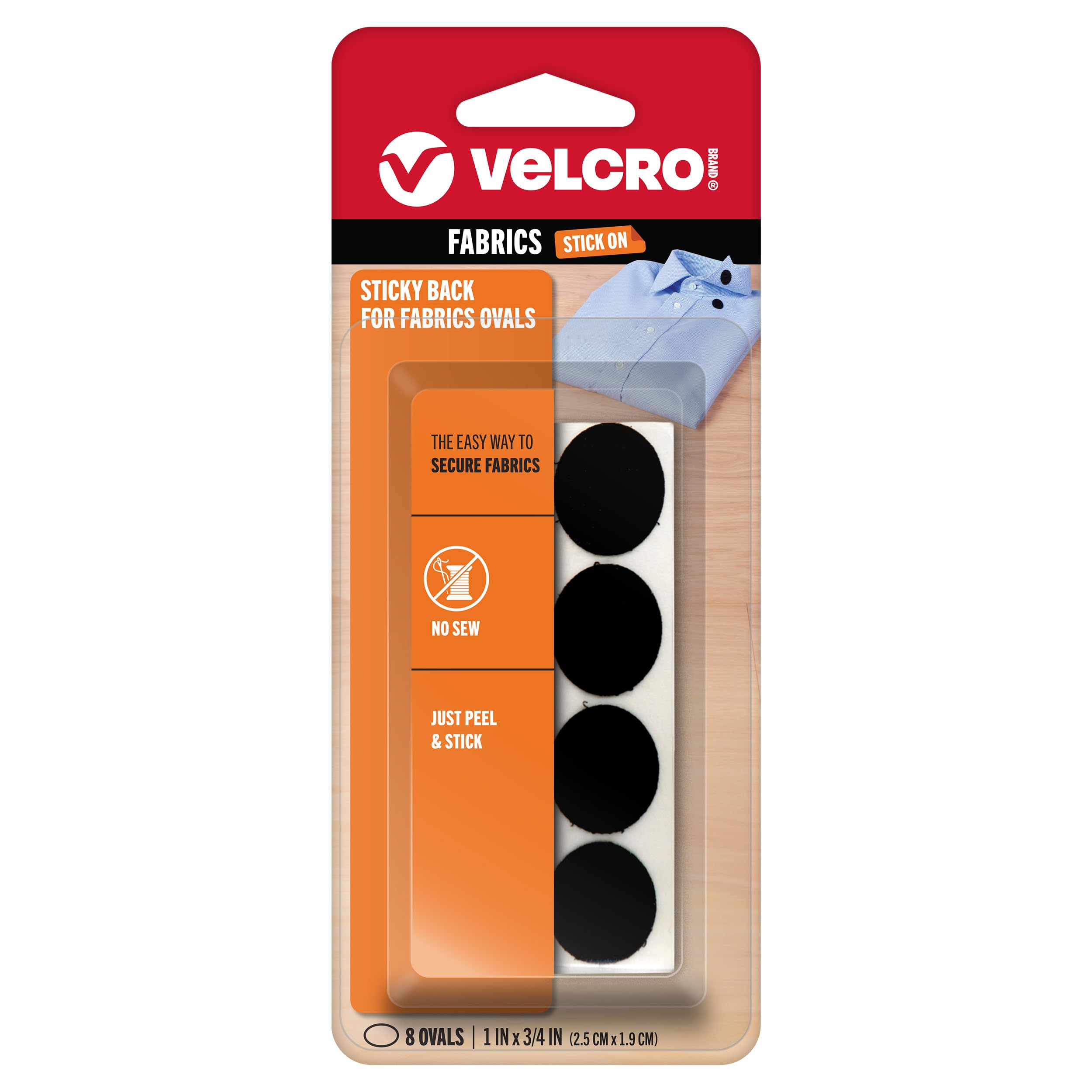 Velcro(r) Brand Fasteners Sticky Back for Fabrics: No sewing needed - 1-inch X 3/4-inch Ovals, 8 Sets - Black