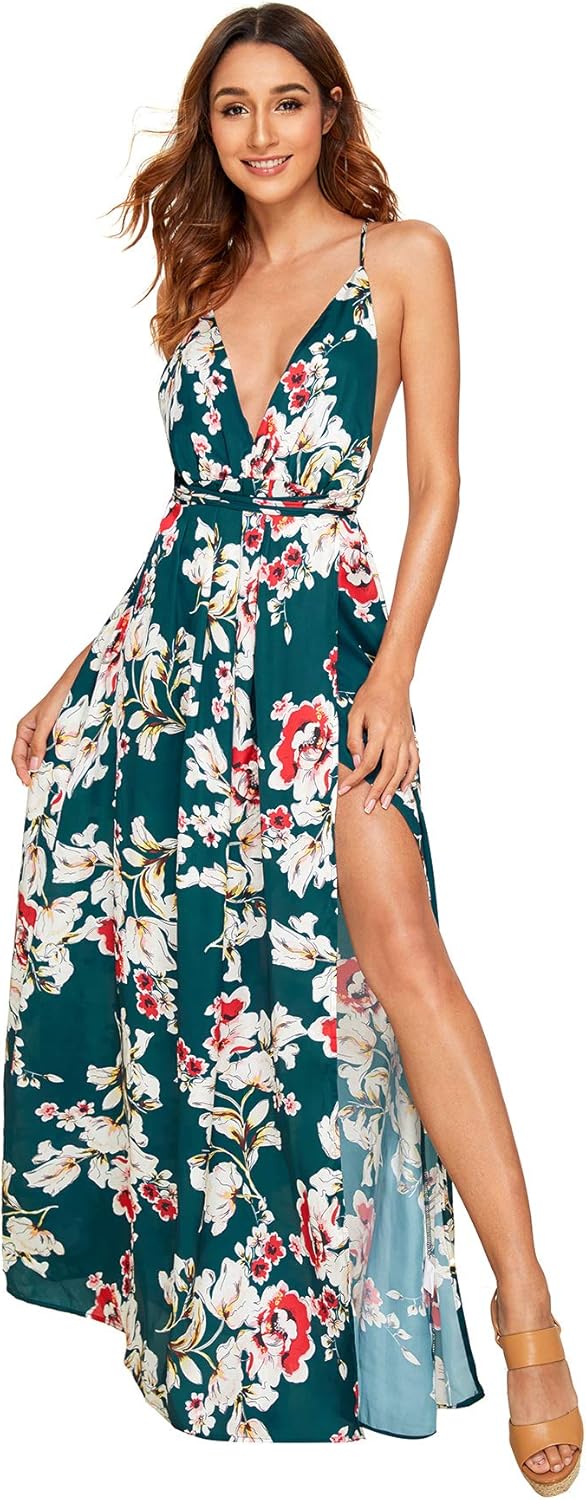 SheIn Women's Sexy Satin Deep V Neck Backless Maxi Party Evening Dress