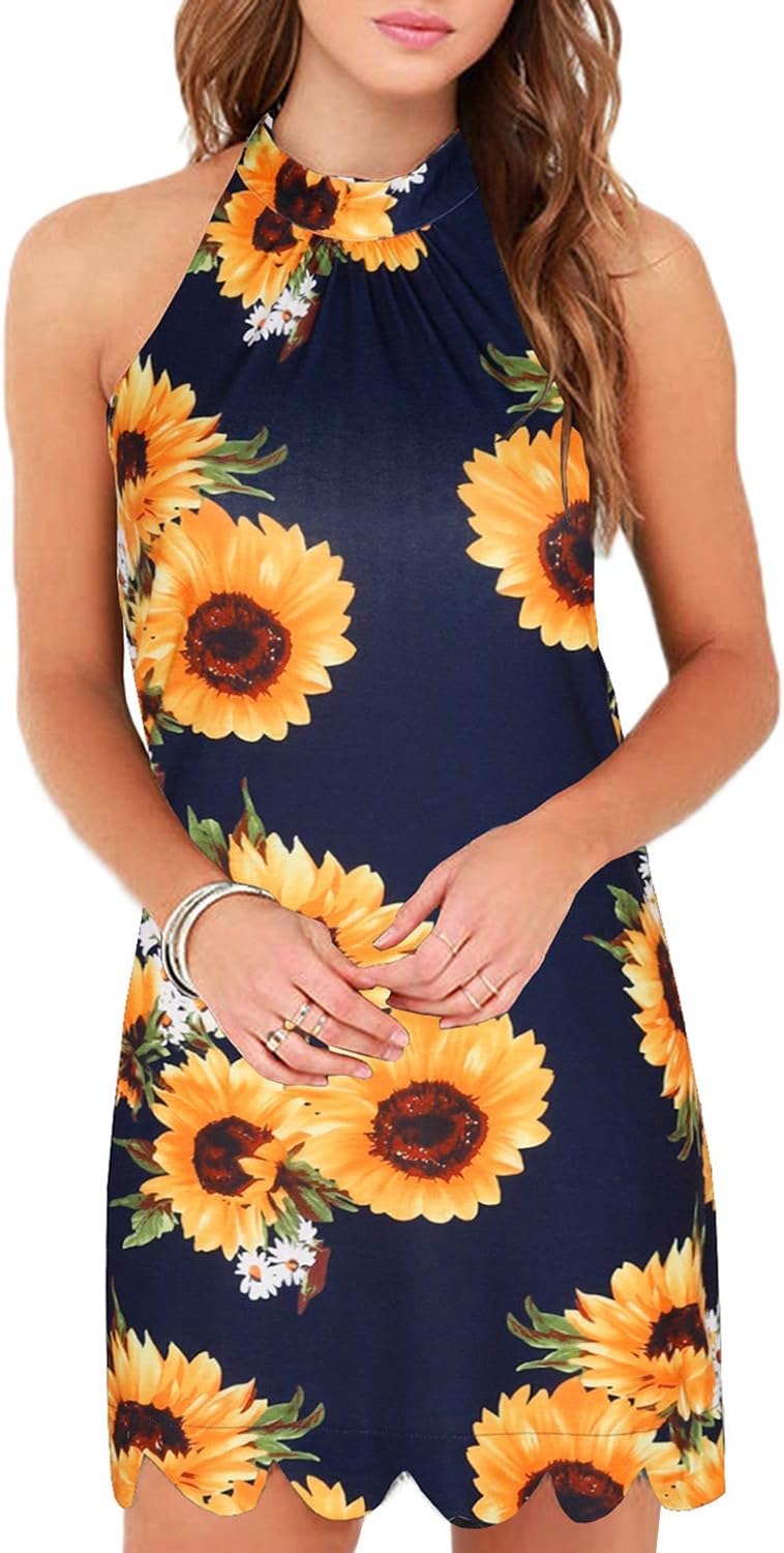 Women's Sleeveless Halter Neck Patchwork Lace Mini Casual Shift Dress