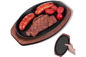 Veemoon Sizzling Plate with Wooden Base Cast Iron Steak Baking Tray Non Stick Sizzling BBQ Pan Fajita Server Tray for Kitchen