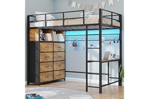 BTHFST Twin Loft Bed with Desk & 8 Storage Drawers Tall Dresser, Metal Loft Bed with LED Lights & Charging Station, 2-Tier Storage Shelves, Stable & Sturdy, Noise Free, Rustic Brown and Black