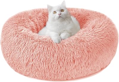 Nepfaivy Calming Dog Cat Donut Bed 19.7in Pink Non-Slip Washable M-50CM