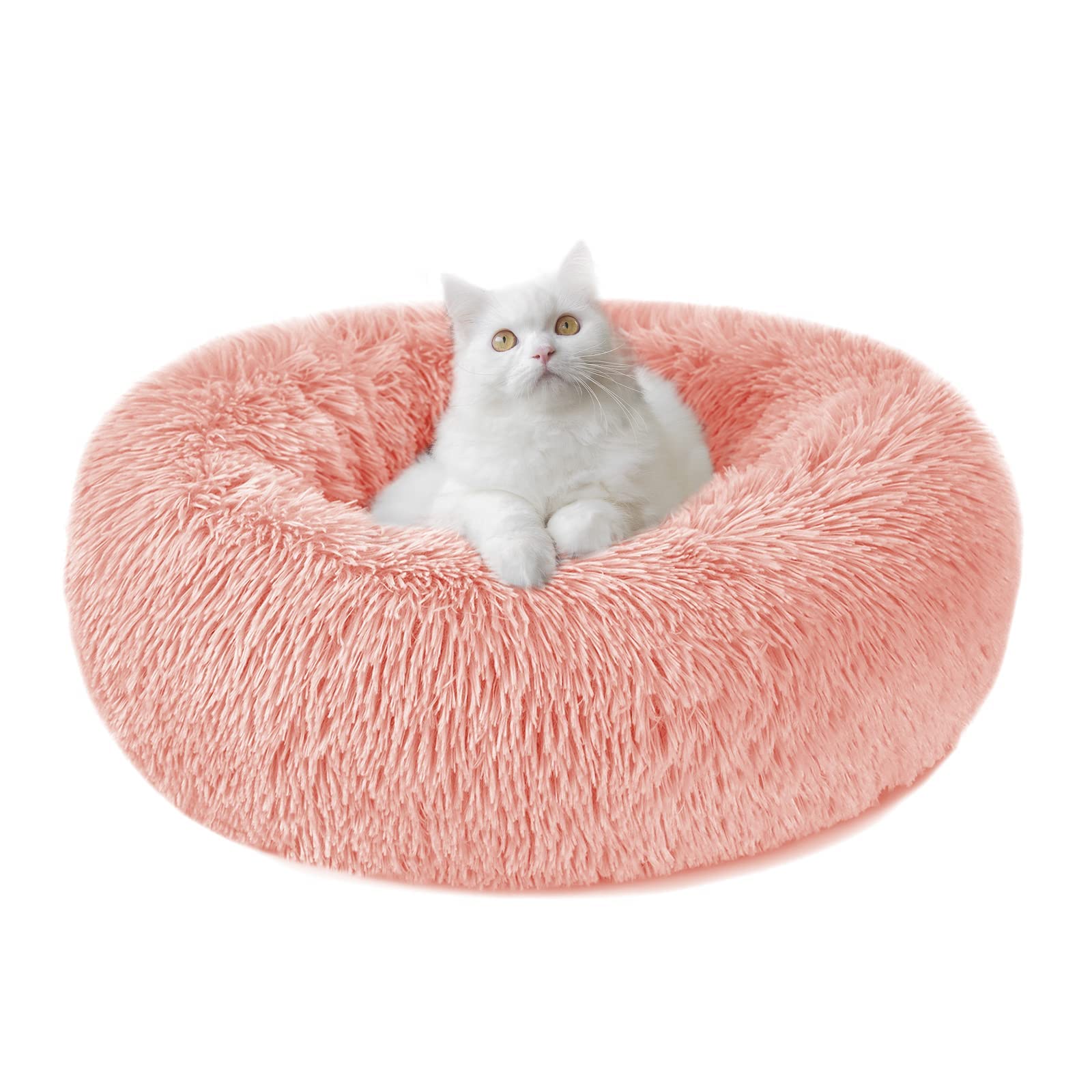 Nepfaivy Calming Dog Cat Donut Bed - 19.7in Fluffy Plush Puppy Kitten Cuddler Round Bed, Warm and Soft Pet Cosy Anti Anxiety Beds with Non-Slip Bottom and Washable(M-50CM, Pink) — image 1