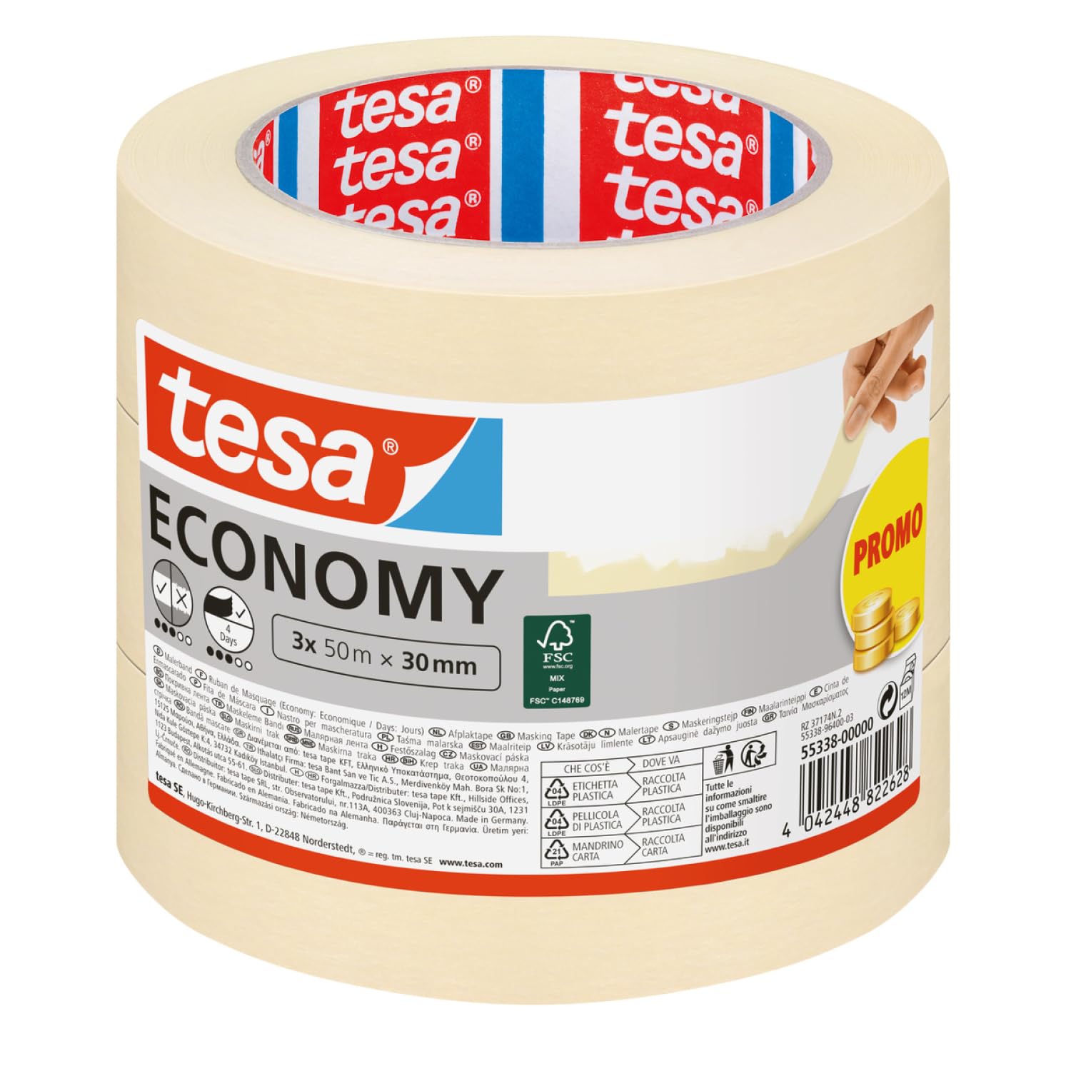 tesa Masking Tape Economy EcoLogo - Painters Tape, 4 Days Residue-Free Removal, Without Solvent - Narrow, 3X 50 m x 30 mm
