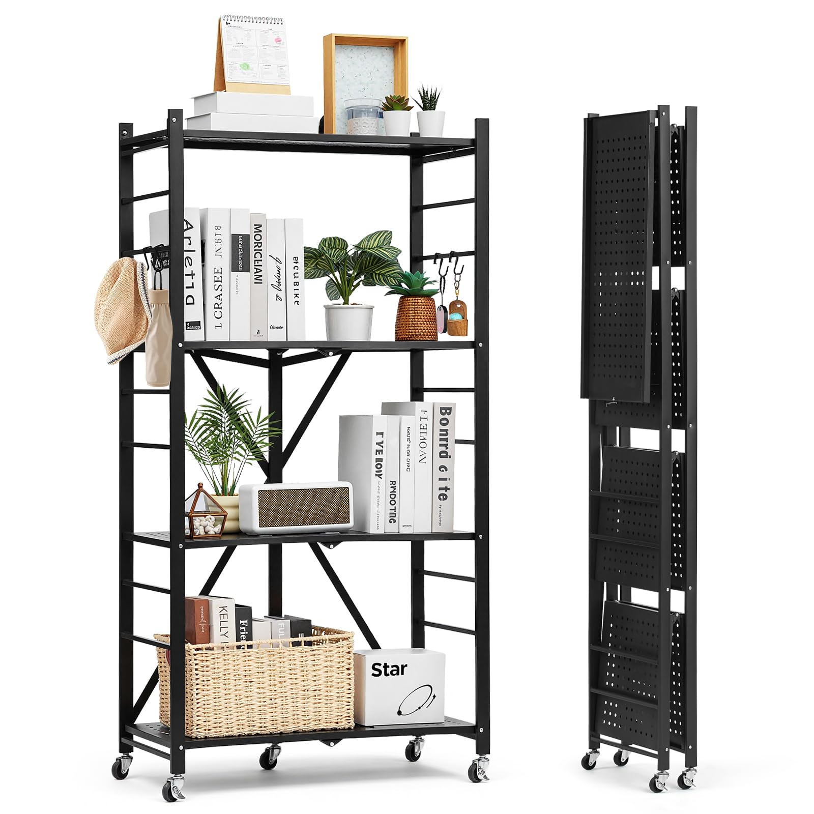 VEVOR 4-Tier Foldable Storage Shelf, 28W x 13D x 54H Inch Folding Metal ...