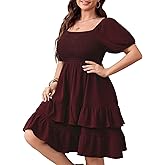 SHESTARR Womens Plus Size Summer Dresses Tiered Square Neck Short Sleeve Smocked A Line Ruffle Layered Swing Short Mini Dress
