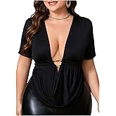 OYOANGLE Women's Plus Size Deep V Neck Draped Blouse Tops Short Sleeve Elegant Top