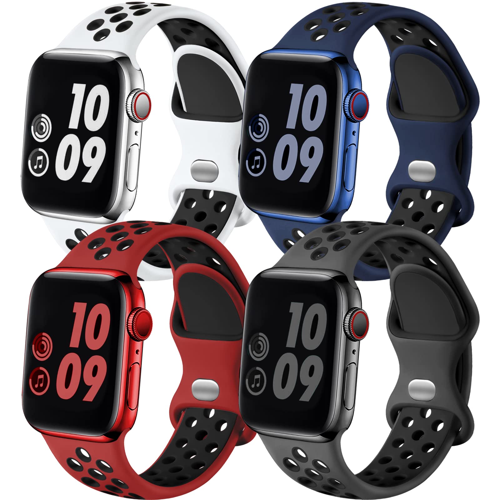 Photo 1 of Adorve 4 Pack Sport Bands Compatible with Apple Watch Bands 49mm 46mm 45mm 44mm 42mm 41mm 40mm 38mm for Men Women,Breathable Soft Silicone Strap for iWatch Bands Series 10 SE 9 8 7 6 5 4 3 2 1 Ultra 2