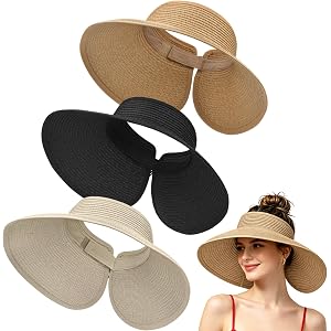 3 Pack Women's Straw Sun Visor Hat,Outdoor Wide Brim UV Protection Foldable,Adjustable Packable Ponytail Summer Sun Hat