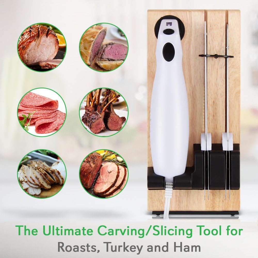 NutriChef PKELKN16 Portable Electrical Food Cutter Knife Set with Bread and Carving Blades, Wood Stand, One Size, White (Pack of 4): Kitchen & Dining