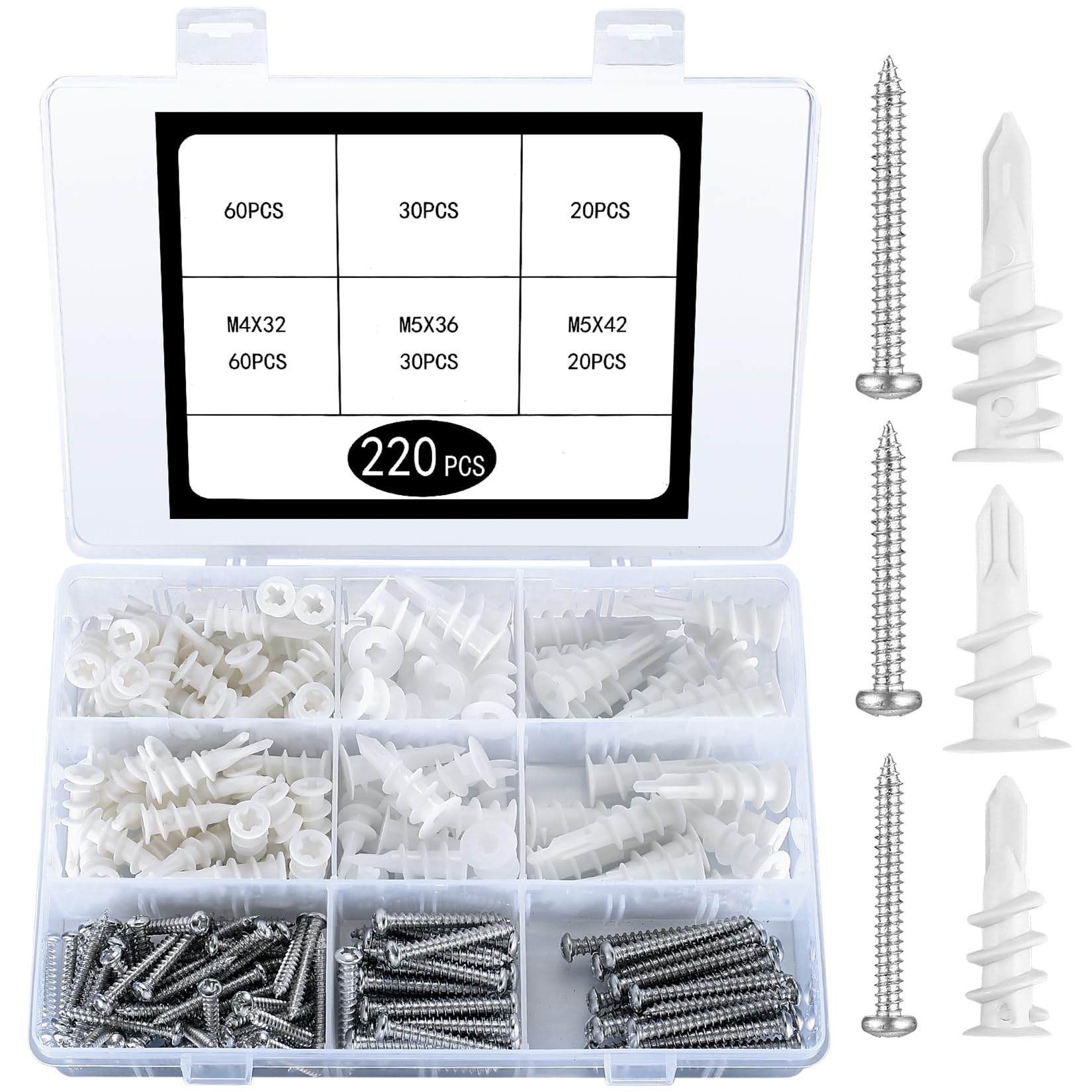 220 Pcs Self Drilling Nylon Plasterboard Fixings: 110 Raw Plugs for Brick Wall & 110 Self Tapping Screws, Masonry Screws and Wall Plugs Set