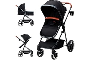 TAKYWEP Convertible Baby Stroller, 3 in 1 Reversible Bassinet Stroller for Newborn, Toddler, High Landscape Foldable Pram with Adjustable Backrest and Canopy, Windproof Foot Cover, 5-Point Harness, Black