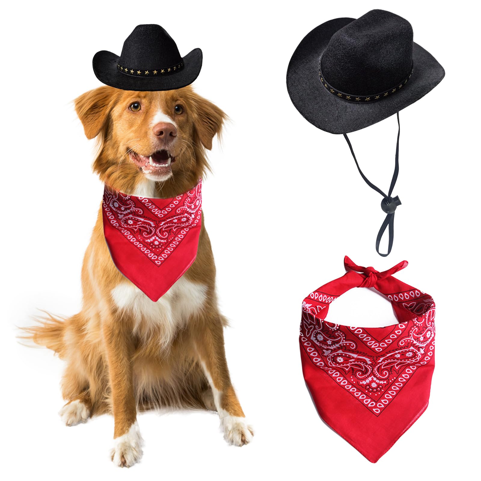 AWOCAN Dog Cowboy Hat Cat Cowboy Hat Mini Cowboy Hat for Dogs Cat Pet Cowboy Costume with Bandana Scarf Holiday Halloween Pet Party Decoration (Black, Large)