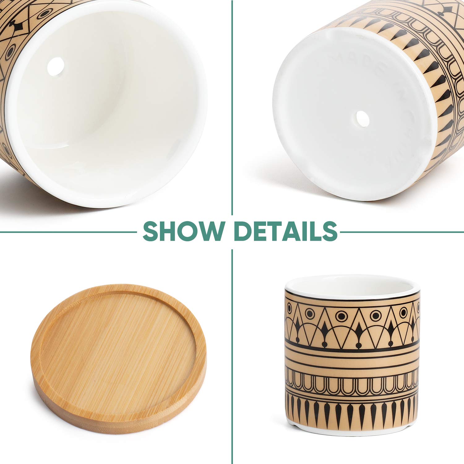 Greenaholics Succulent Plant Pots - 3 Inch Cylinder Greek Sytle Ceramic Planter for Cactus, Succulent Planting, with Drainage Hole, Bamboo Trays, Set of 3 - Image 4