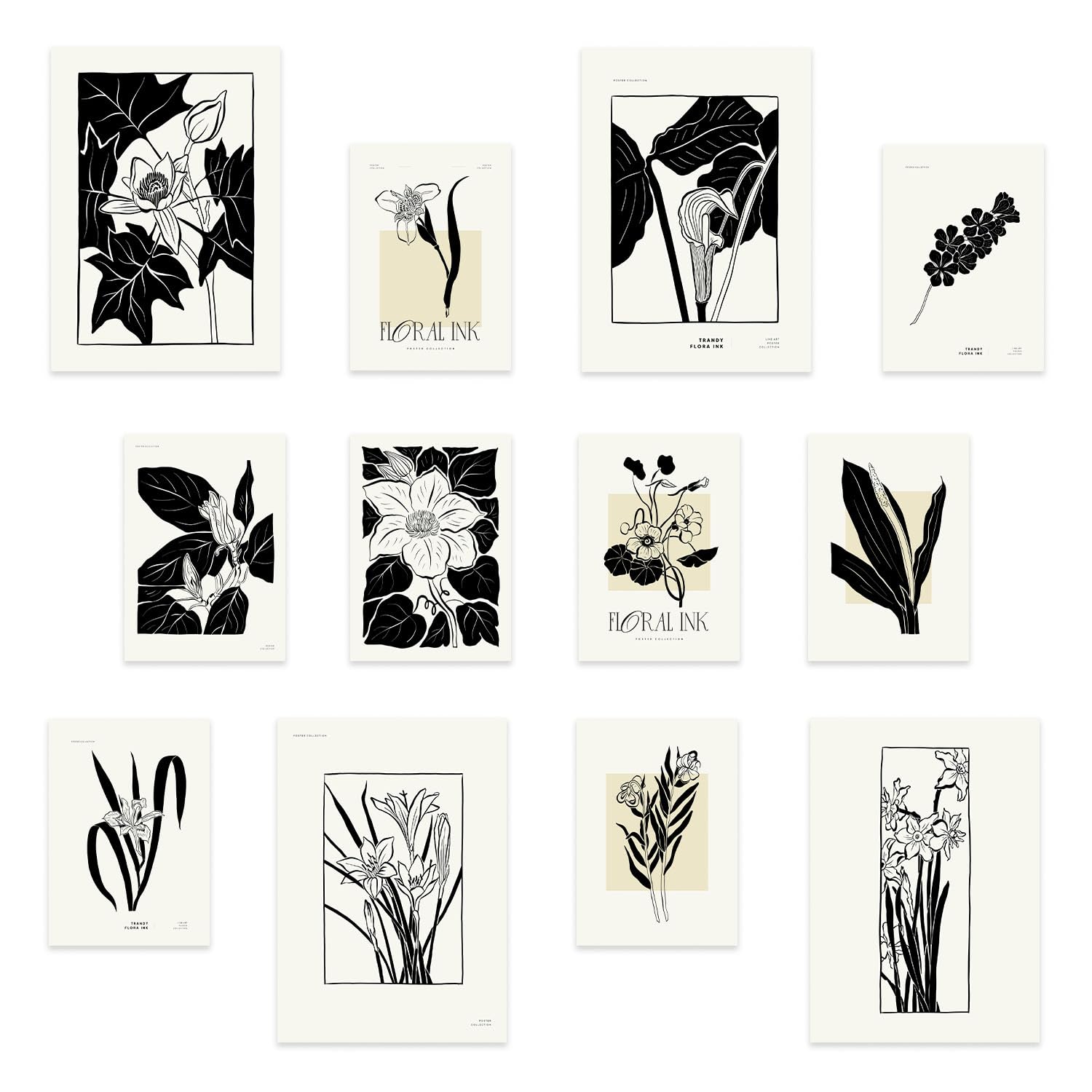 Nacnic Botanical Prints Set of 12-4 A3 & 8 A4 - Botanical 1 Design - No Frames, Prints Only - Stylish & Versatile Wall Art Prints Poster Wall decor