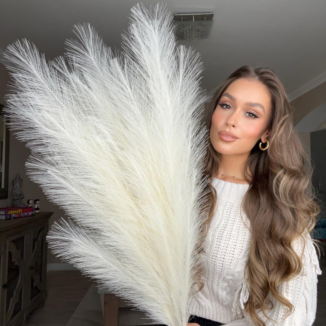 VOULUX Extra Large Tall Cream Beige Fake Faux Artificial Pampas Grass Large Fluffy x3 115cm Stems x18 Decorative Artificial Flora Feathers For Floor Vases Tall Beige Plant Flowers Long Pampas Grass